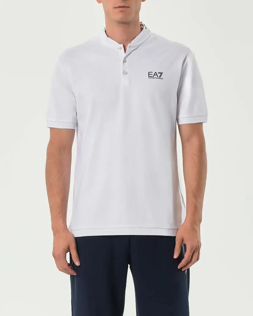 Polo EA7 bianca in micro piquet di cotone stretch con colletto a coreana