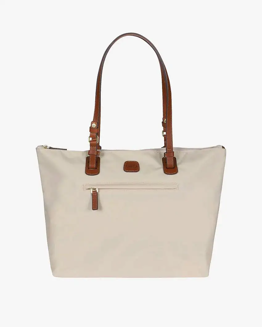 Shopping bag grande beige Bric's in nylon con manici in pelle color cuoio