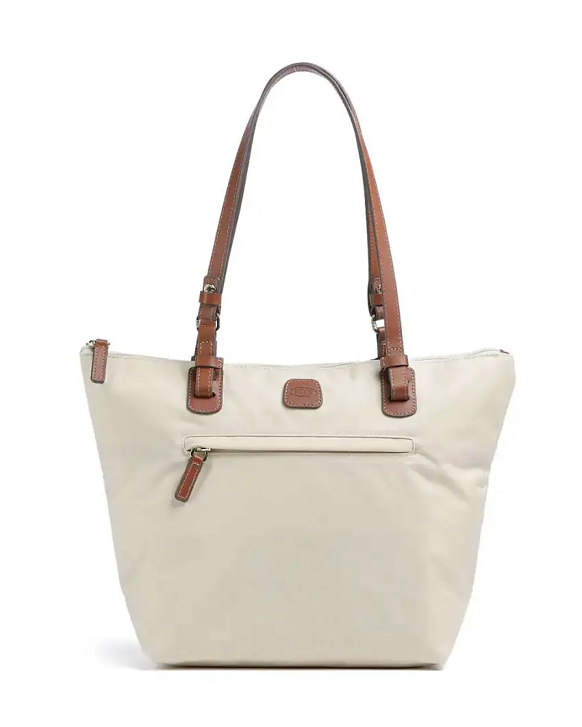 Shopping bag beige Bric's misura media in nylon con manici in pelle color cuoio