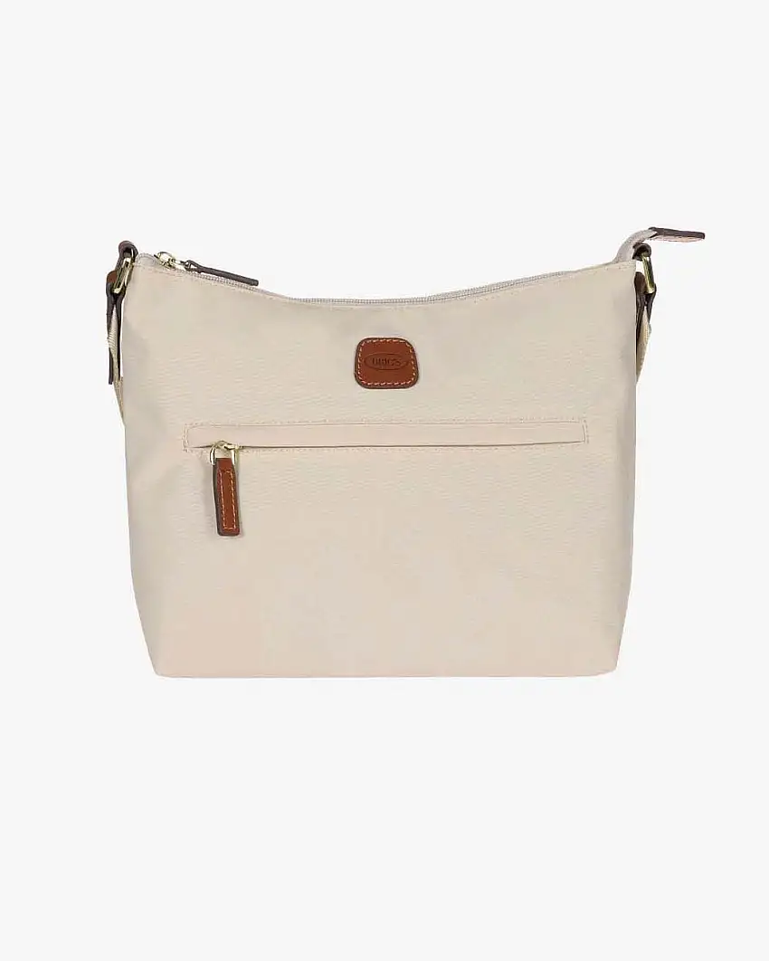 Borsa a tracolla beige Bric's in nylon con tracolla in tessuto regolabile e dettagli in pelle color cuoio