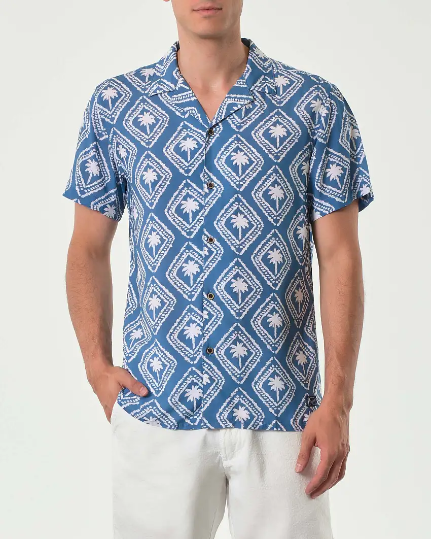 Camicia mezza manica Impure celeste con fantasia palme in pura viscosa