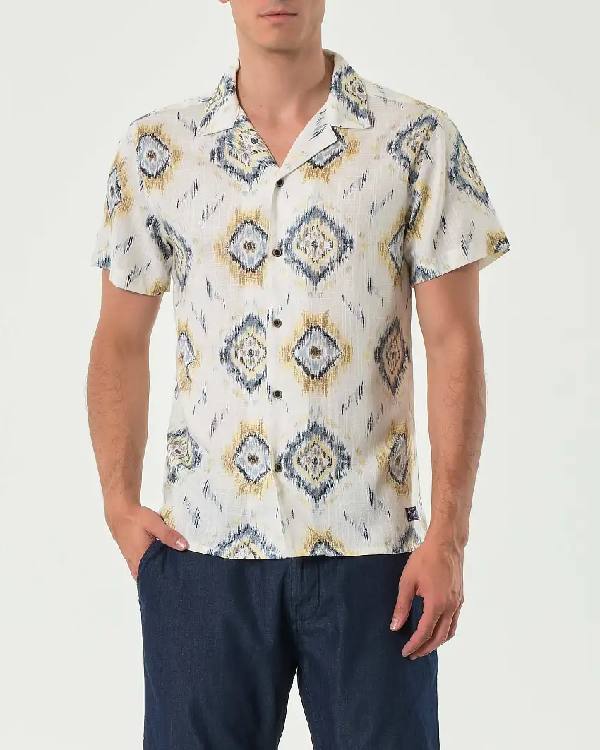 Camicia mezza manica Impure panna con fantasia etnica in misto viscosa e lino