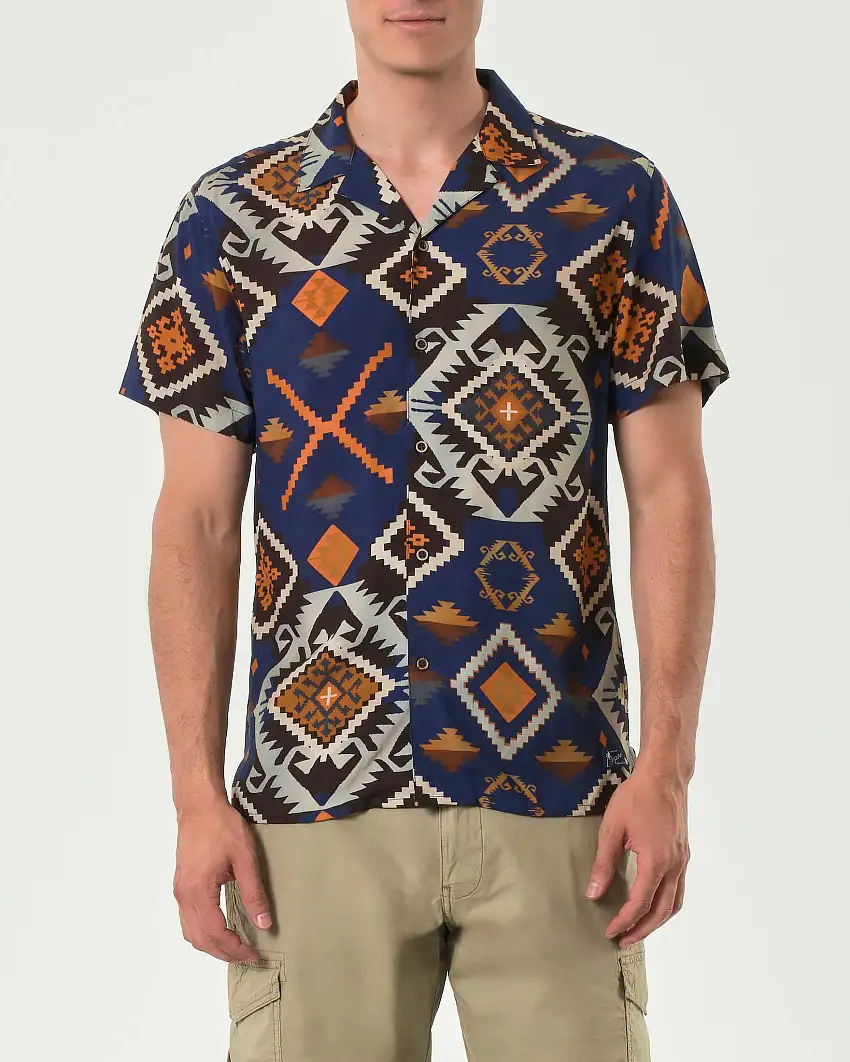 Camicia mezza manica Impure blu royal con fantasia navajo in pura viscosa