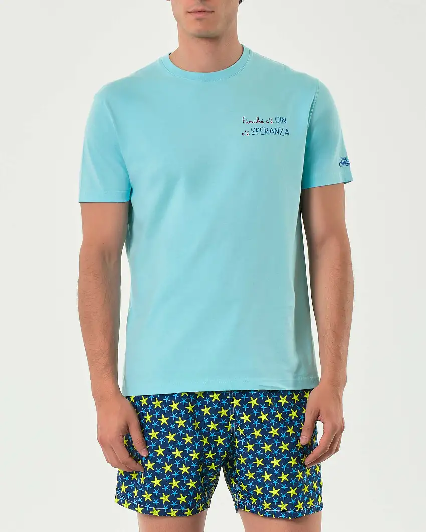 T-shirt MC2 Saint Barth color acqua con ricamo Finchè c'è Gin c'è Speranza sul petto