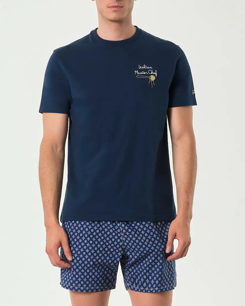 T-shirt MC2 Saint Barth blu con ricamo Italian, Master Chef sul petto