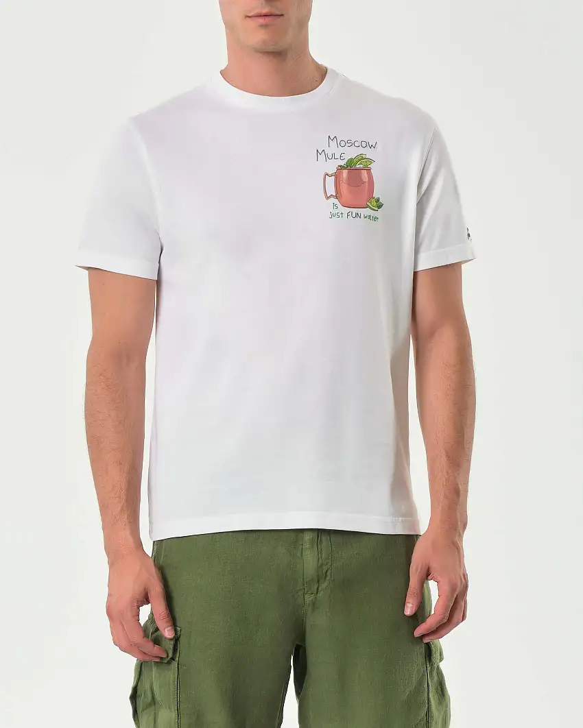 T-shirt MC2 Saint Barth bianca con stampa e ricamo Moscow Mule sul petto