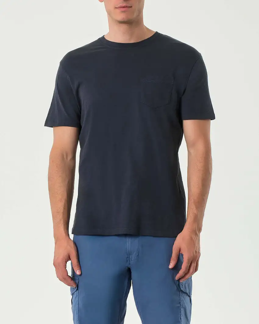 T-shirt mezza manica Impure blu in cotone fiammato con taschino