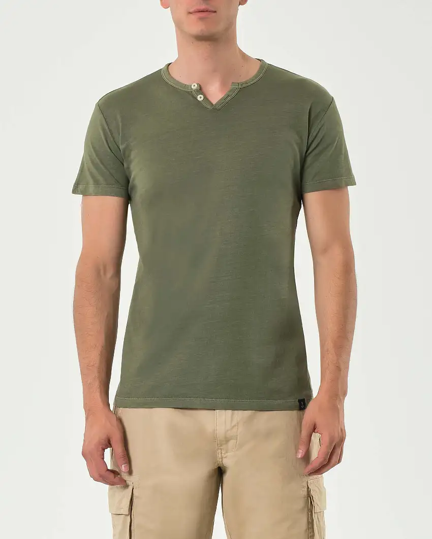 T-shirt serafino mezza manica Impure verde militare in puro cotone