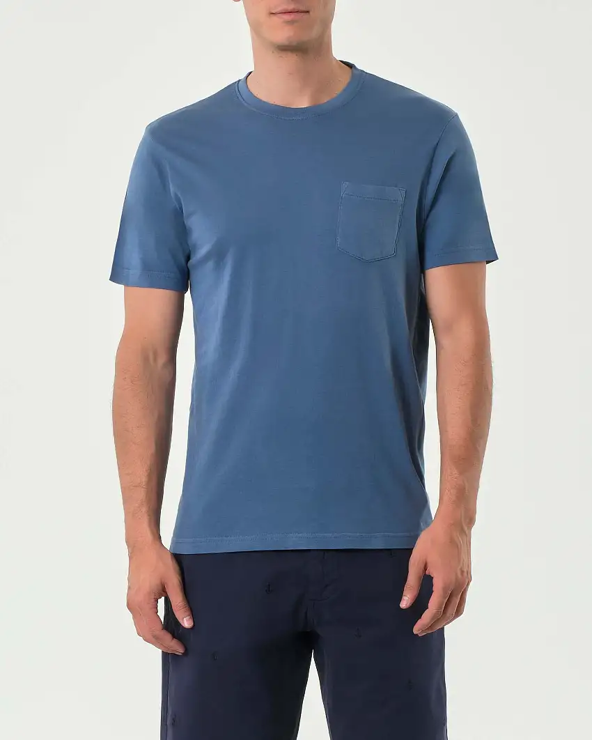 T-shirt mezza manica Paul Baker avio in jersey tinto in capo con taschino