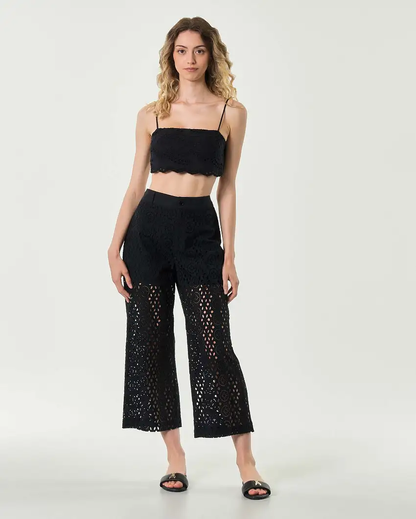 Crop top nero MC2 Saint Barth in cotone sangallo con spalline sottili