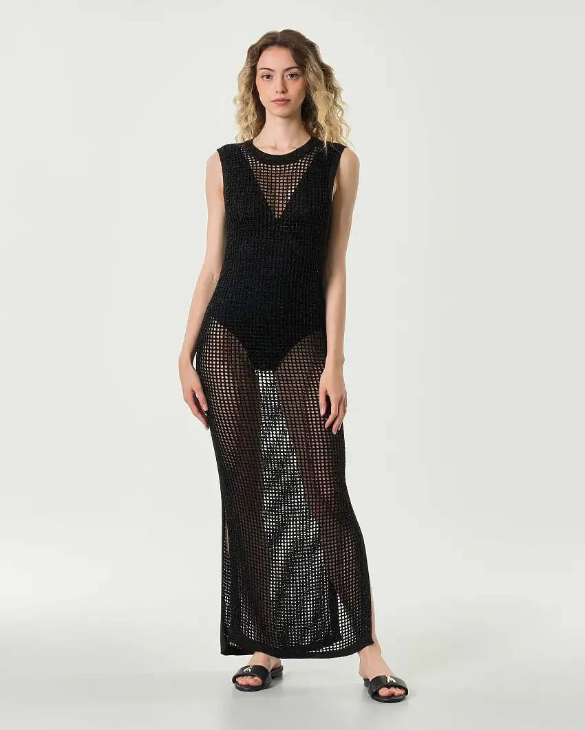 Abito nero lungo MC2 Saint Barth in rete di lurex di viscosa con spacchi laterali