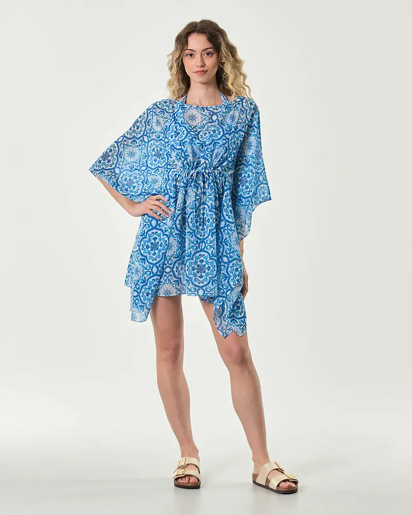 Caftano MC2 Saint Barth azzurro a fantasia maiolica con coulisse in vita