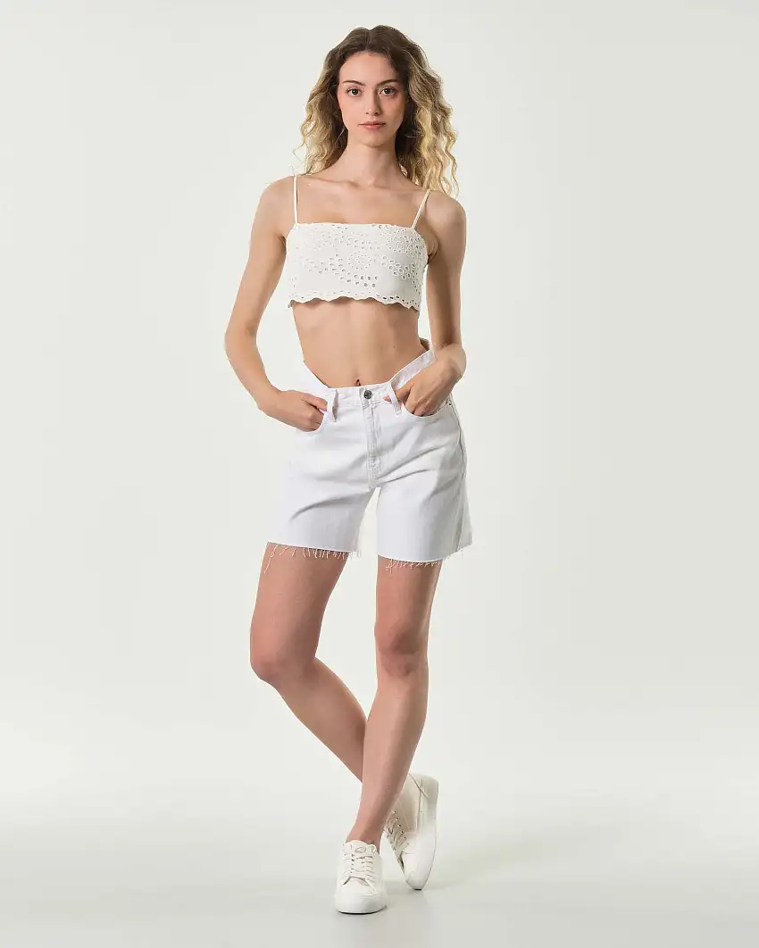Crop top bianco MC2 Saint Barth in cotone sangallo con spalline sottili