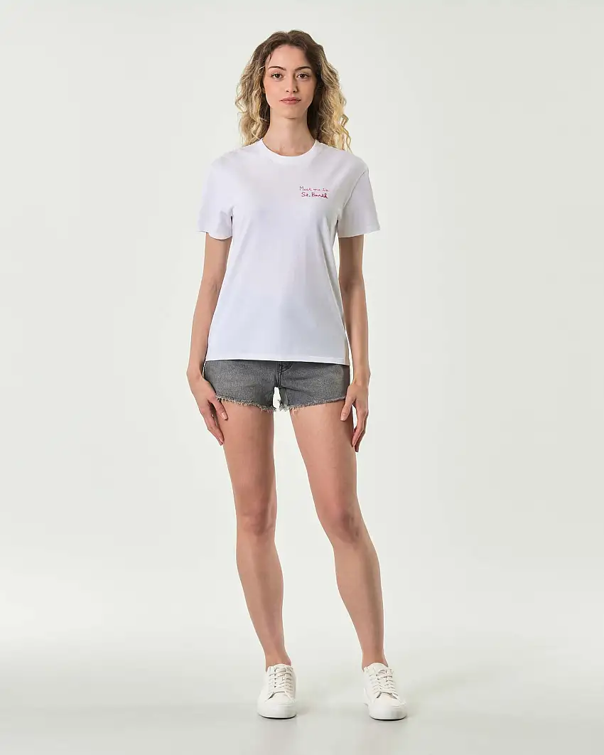 T-shirt bianca in cotone MC2 Saint Barth con scritta ricamata Meet me in St.Barth