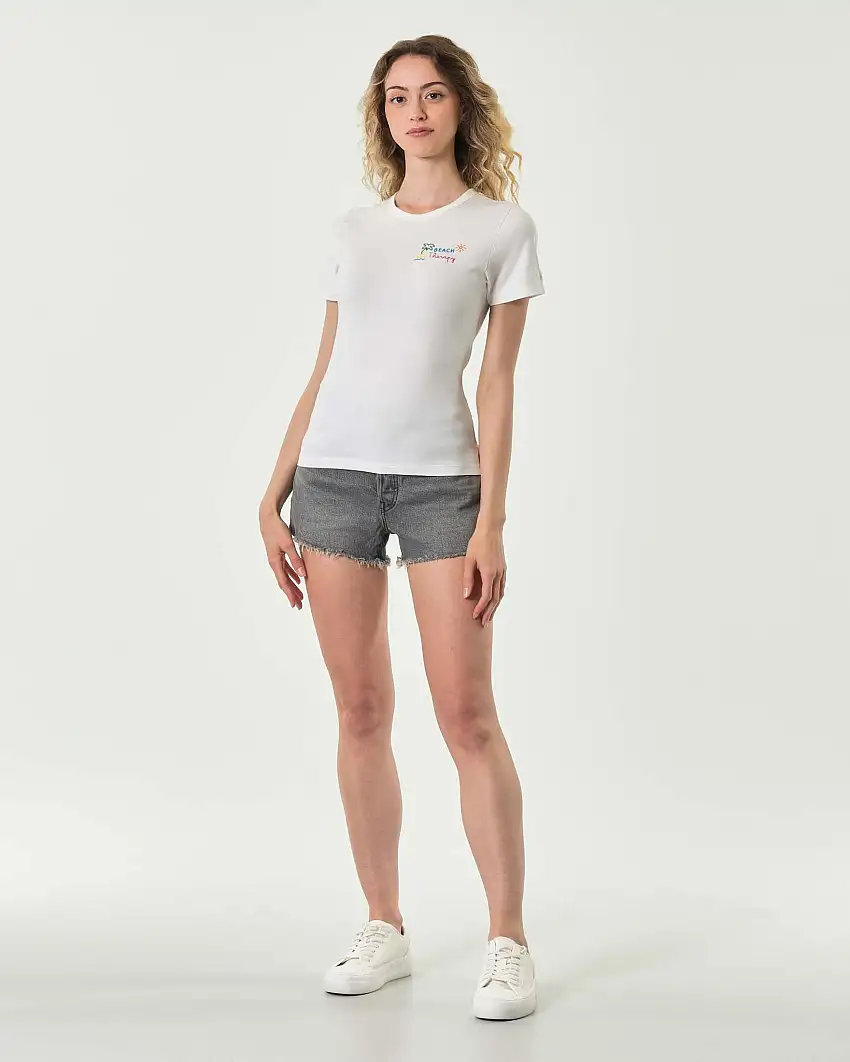 T-shirt bianca in cotone MC2 Saint Barth con scritta ricamata Beach Therapy
