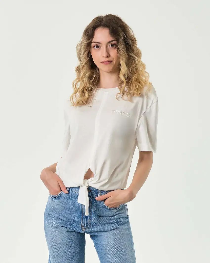 T-shirt bianca in cotone Pinko con nodo al fondo e spalline imbottite