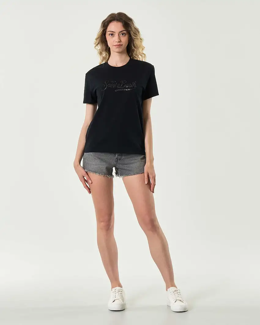 T-shirt nera MC2 Saint Barth in cotone con scritta logo in strass tono su tono