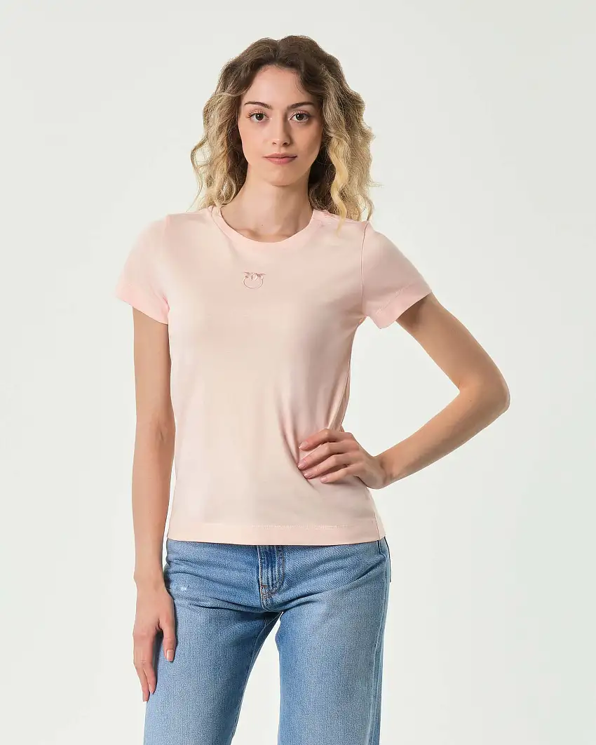 T-shirt rosa pesca in cotone Pinko con logo ricamato tono su tono sul petto