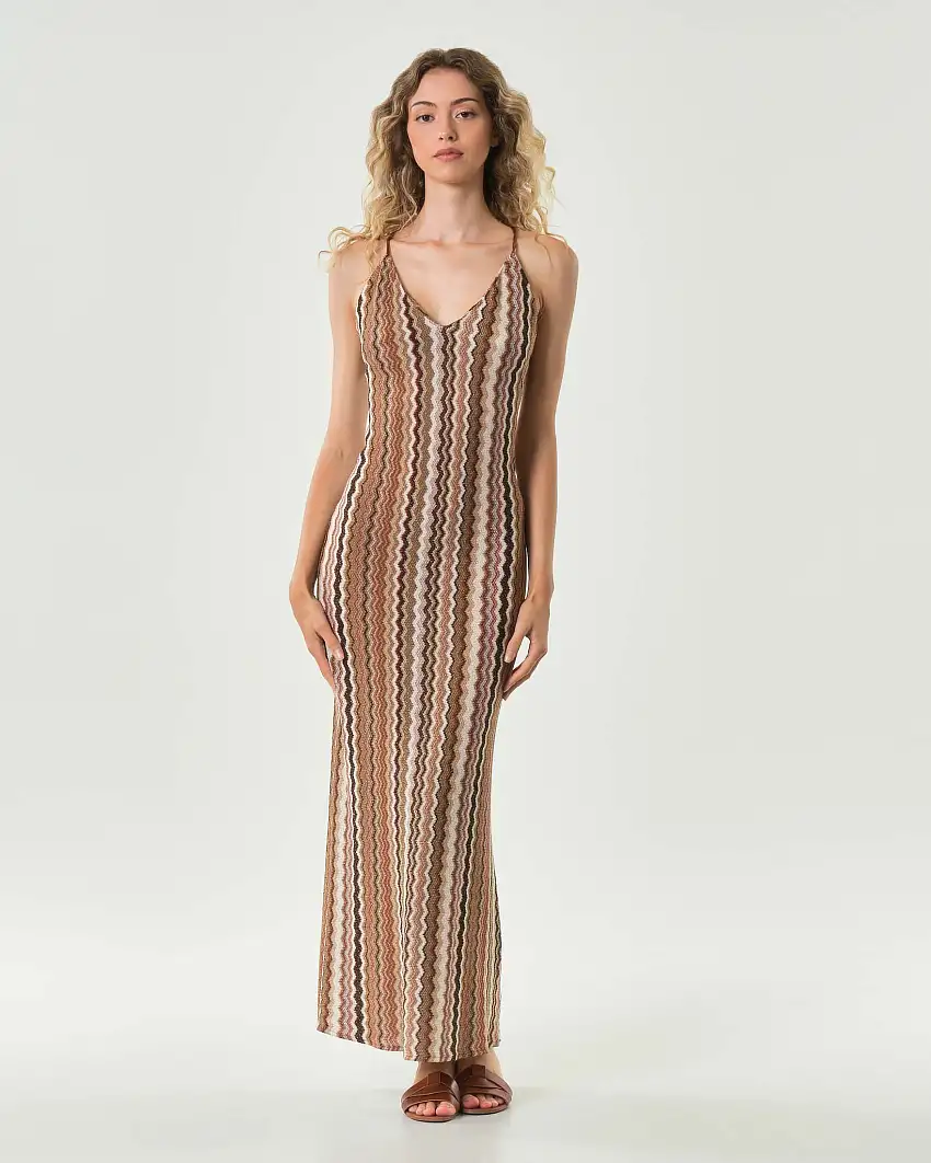 Prendisole MC2 Saint Barth lungo in maglia di misto viscosa e lurex marrone e beige con spalline incrociate