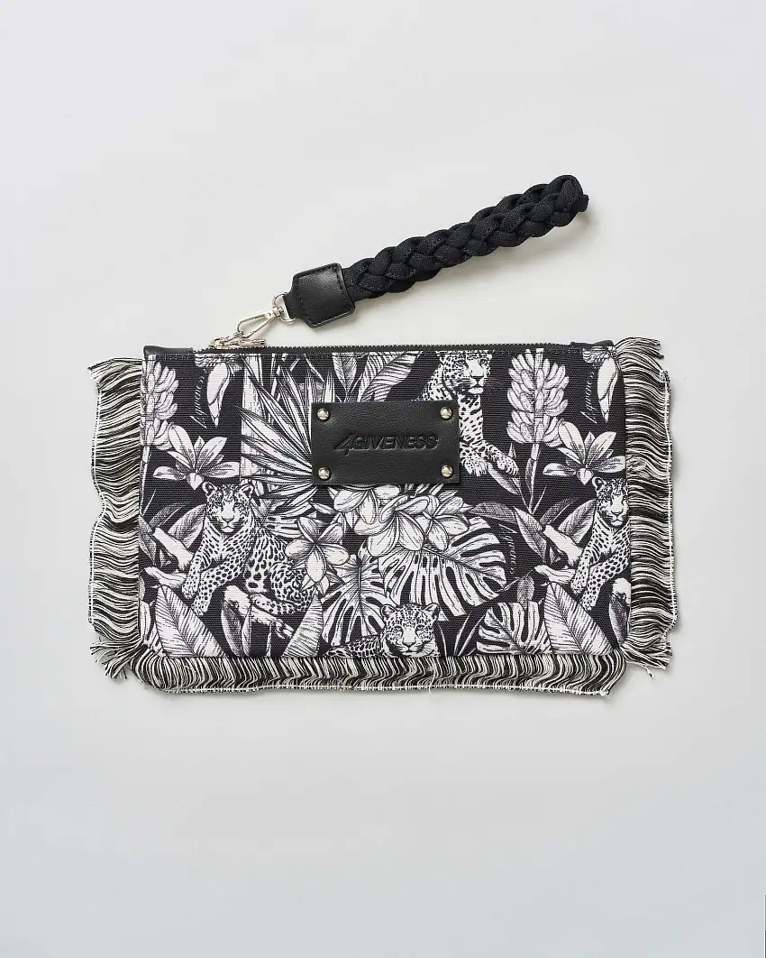 Pochette 4 Giveness bianca e nera a stampa animalier con frangette e gancio intrecciato