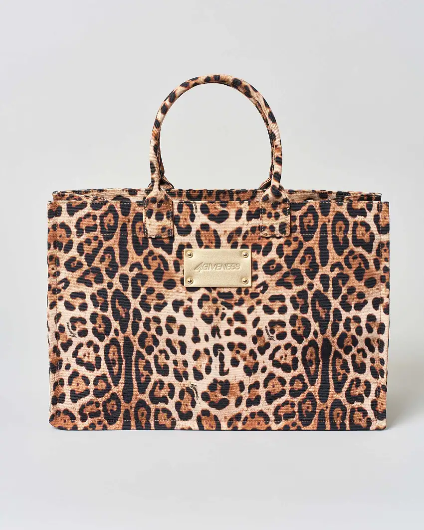 Borsa mare 4 Giveness a stampa leopardata in misto canvas con patch logo color oro