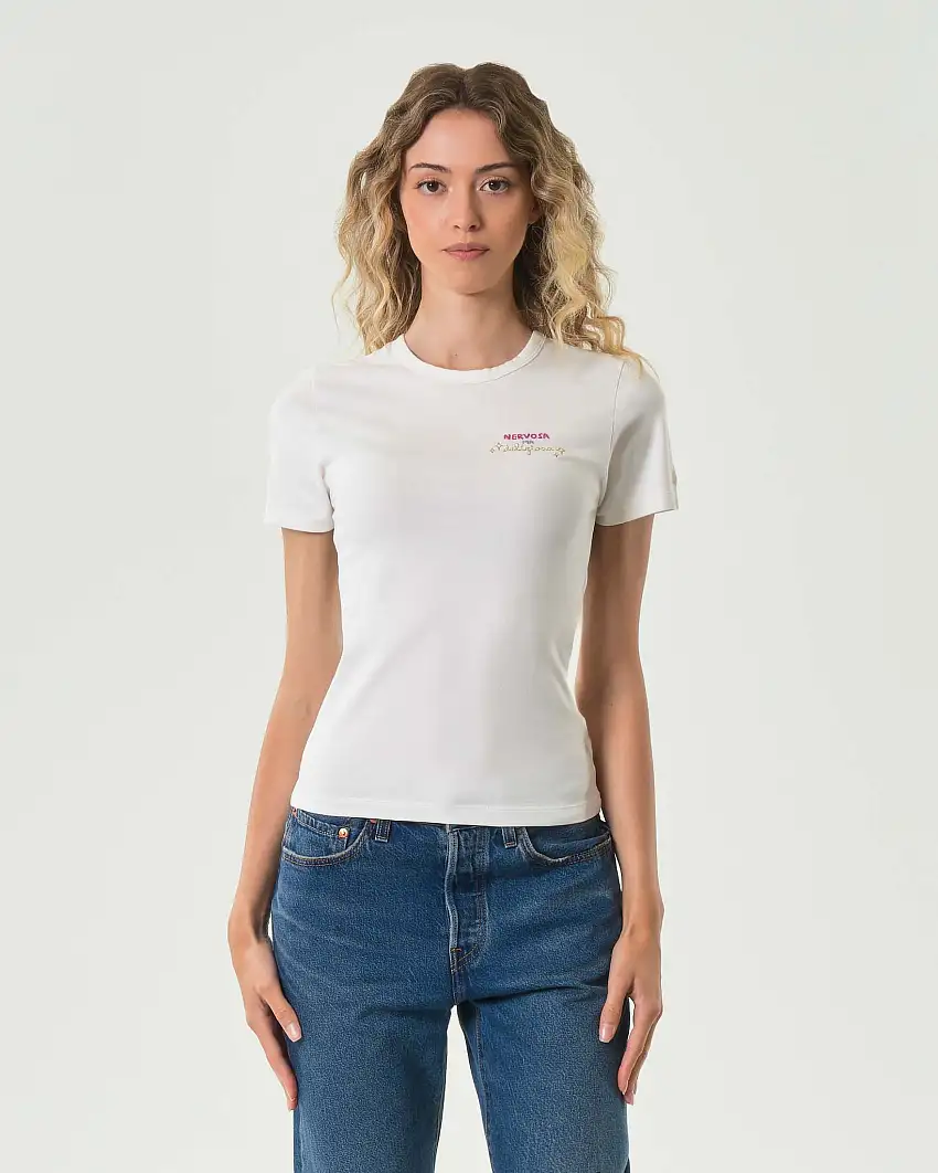 T-shirt bianca in cotone MC2 Saint Barth con scritta ricamata Nervosa ma deliziosa