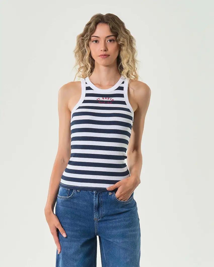 Canotta MC2 Saint Barth a righe bianche e blu a costine in cotone stretch con scritta logo