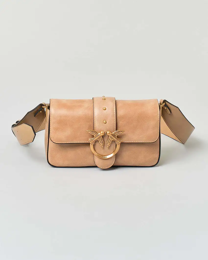 Classic Love Bag Slouchy Pinko misura piccola in pelle beige effetto nuovolato con tracolla spessa e fibbia Love Birds dorata