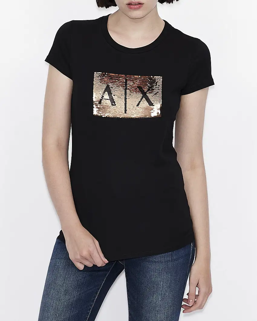 T-shirt nera Armani Exchange in cotone con logo in paillettes reversibili nel color oro