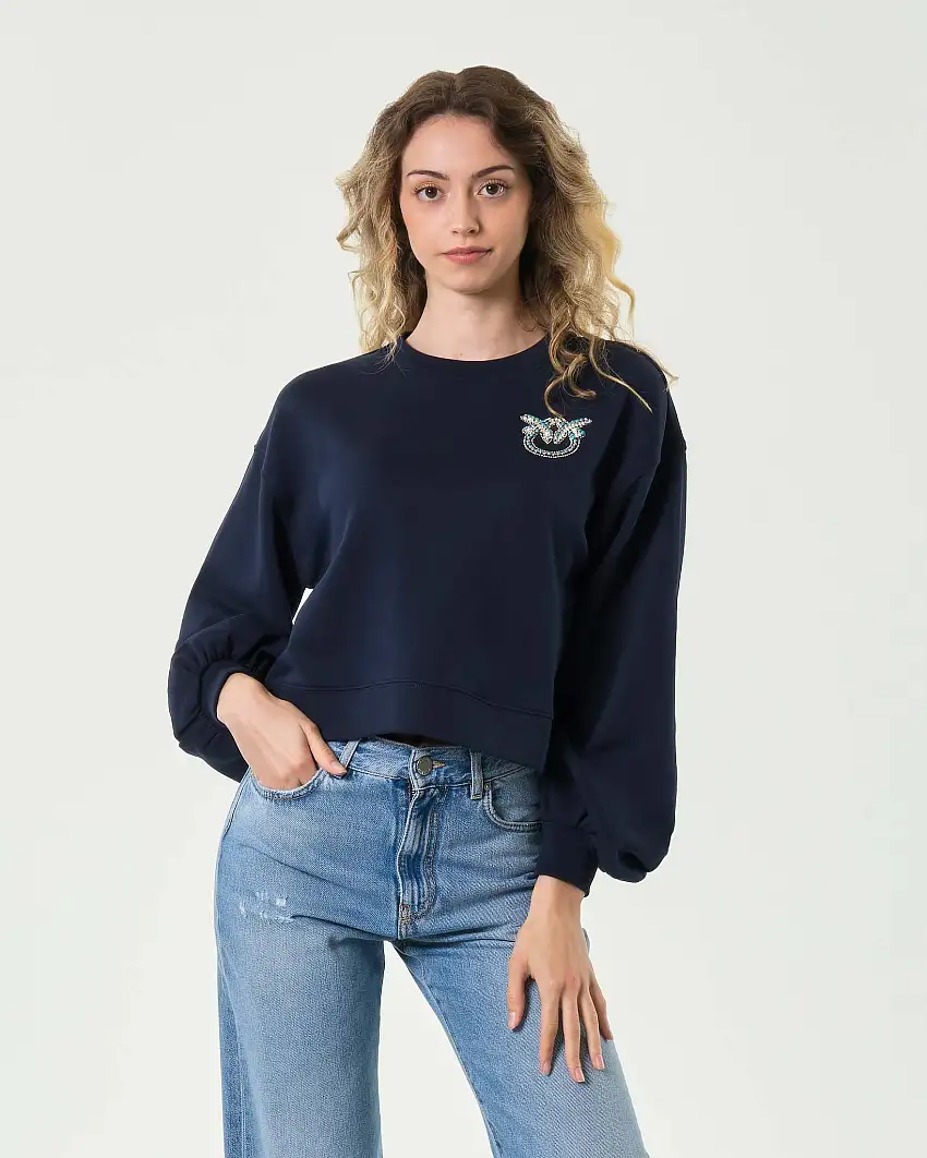 Felpa girocollo blu Pinko boxy-fit in cotone con ricamo gioiello Love Birds sul petto