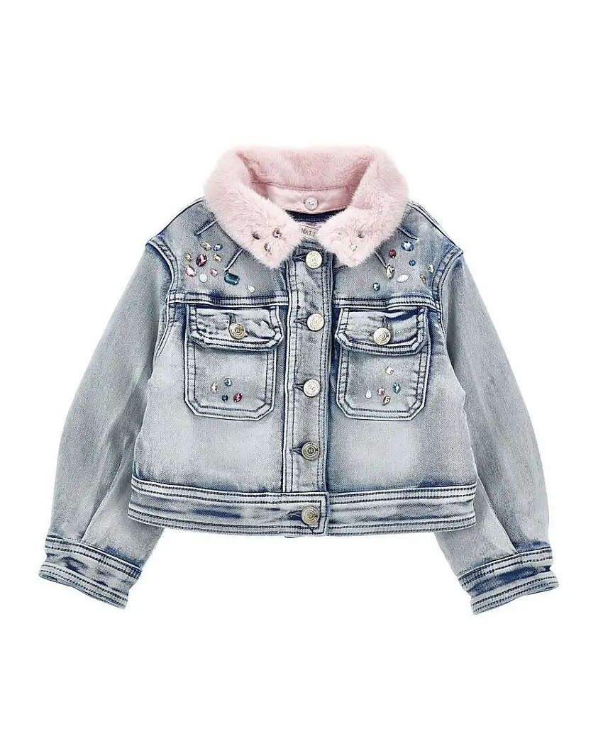 Giubbino Monnalisa in denim di misto cotone con colletto in ecopelliccia rosa e ricamo Stitch Ohana