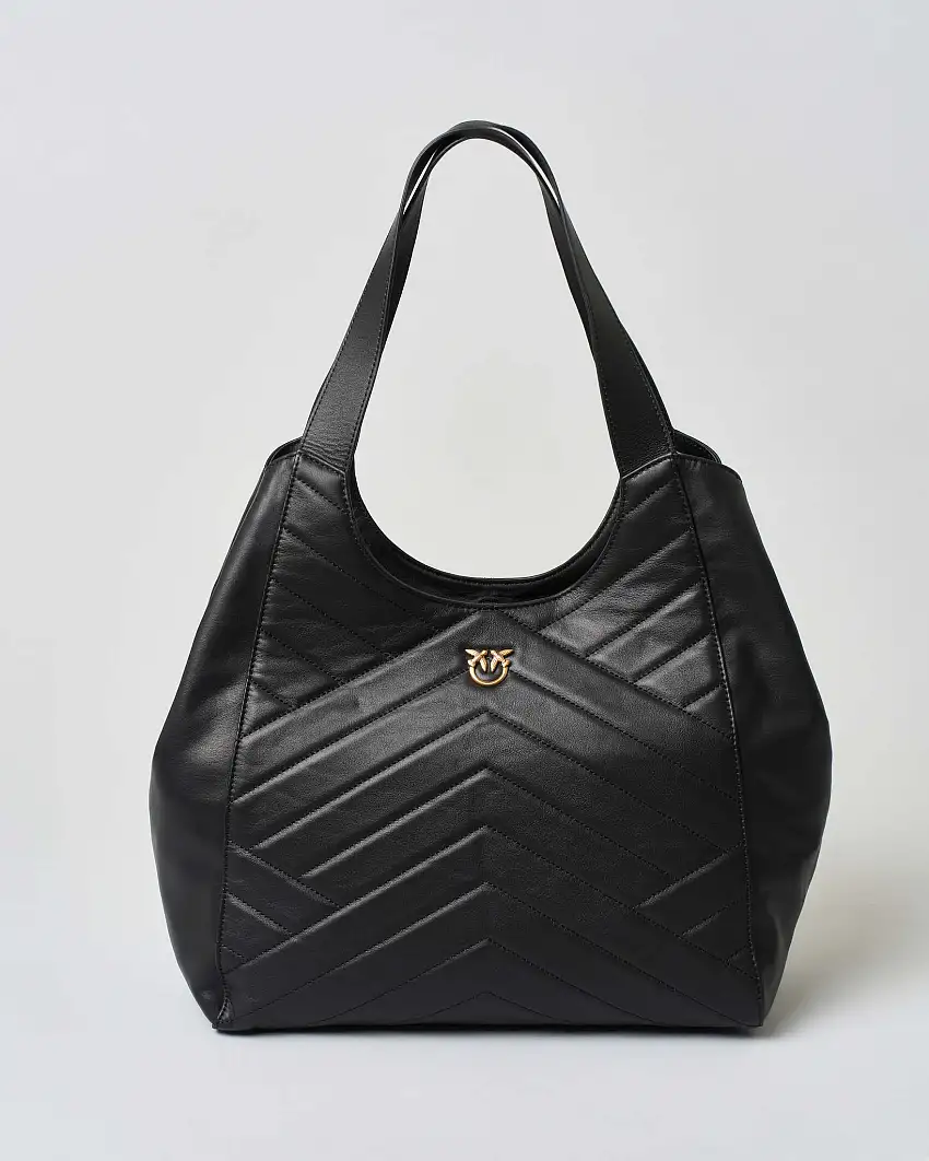 Tote bag Pinko nera in pelle liscia trapuntata a motivo puzzle con logo Love Birds dorato