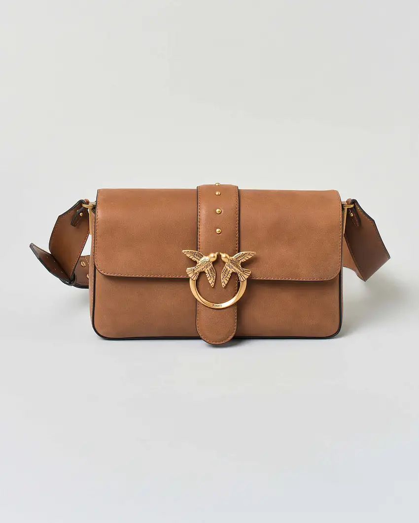 Classic Love Bag One Slouchy color cuoio in pelle liscia beige effetto nuvolato con fibbia Love Birds dorata