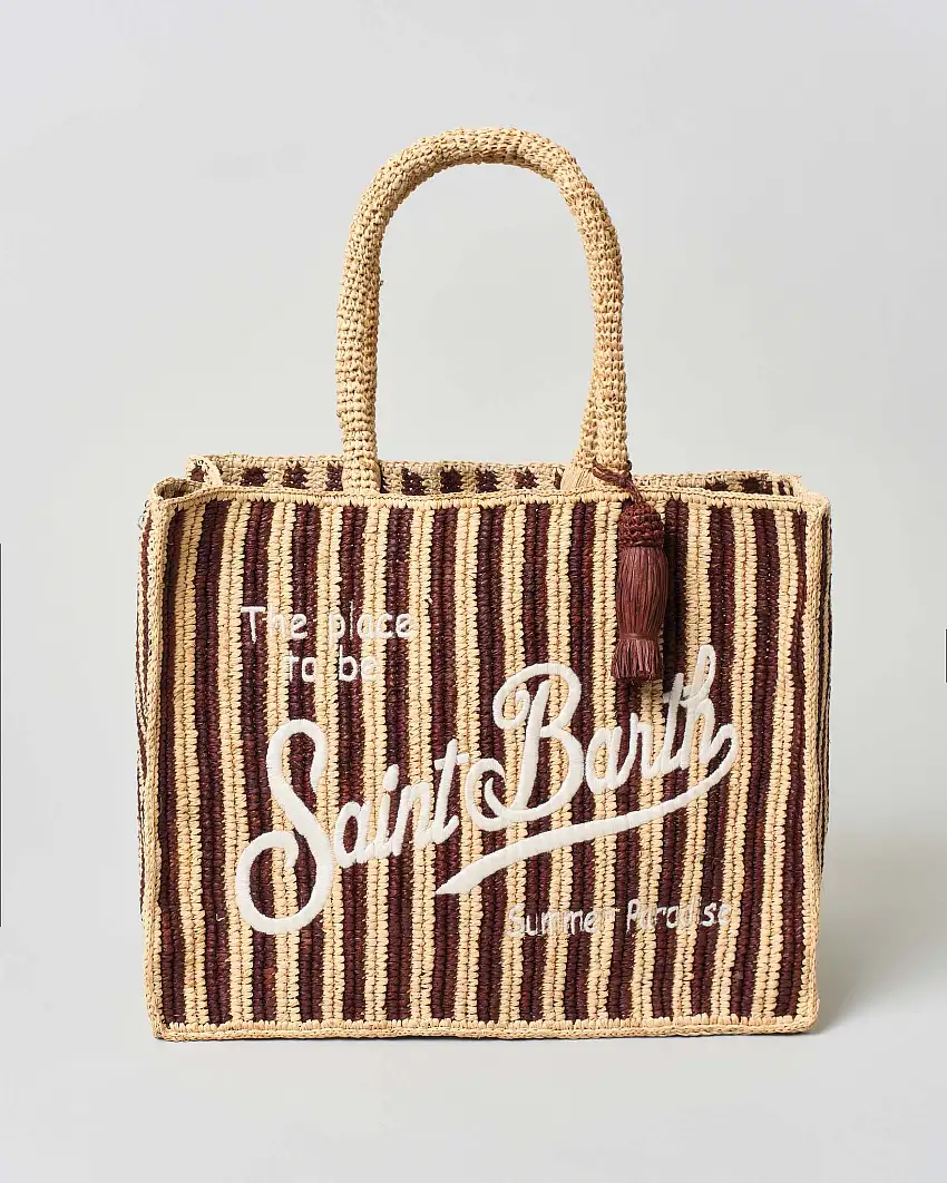Borsa Vanity MC2 Saint Barth in raffia color naturale a righe marroni con scritta logo ricamata sul davanti