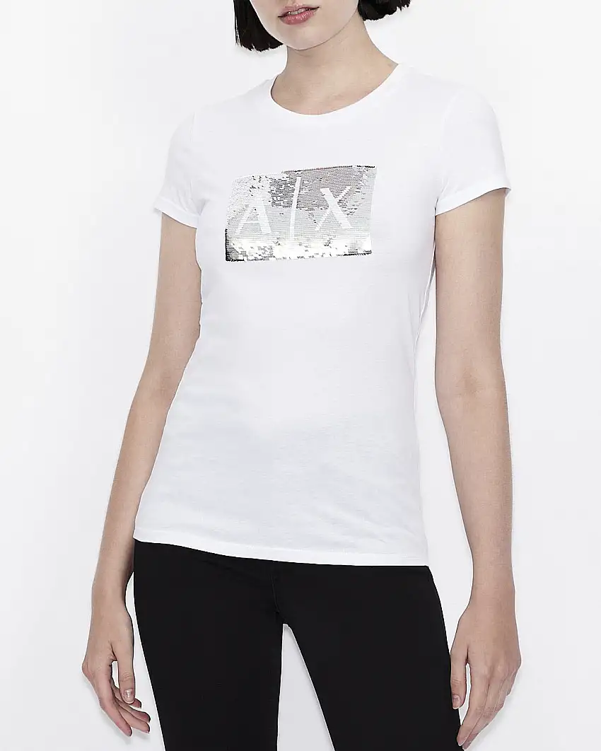 T-shirt bianca Armani Exchange in cotone con logo in paillettes reversibili nel color argento