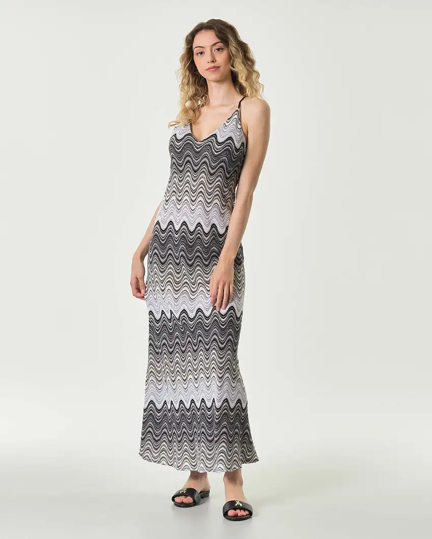 Prendisole MC2 Saint Barth lungo in maglia di misto viscosa e lurex nero e grigio con spalline incrociate