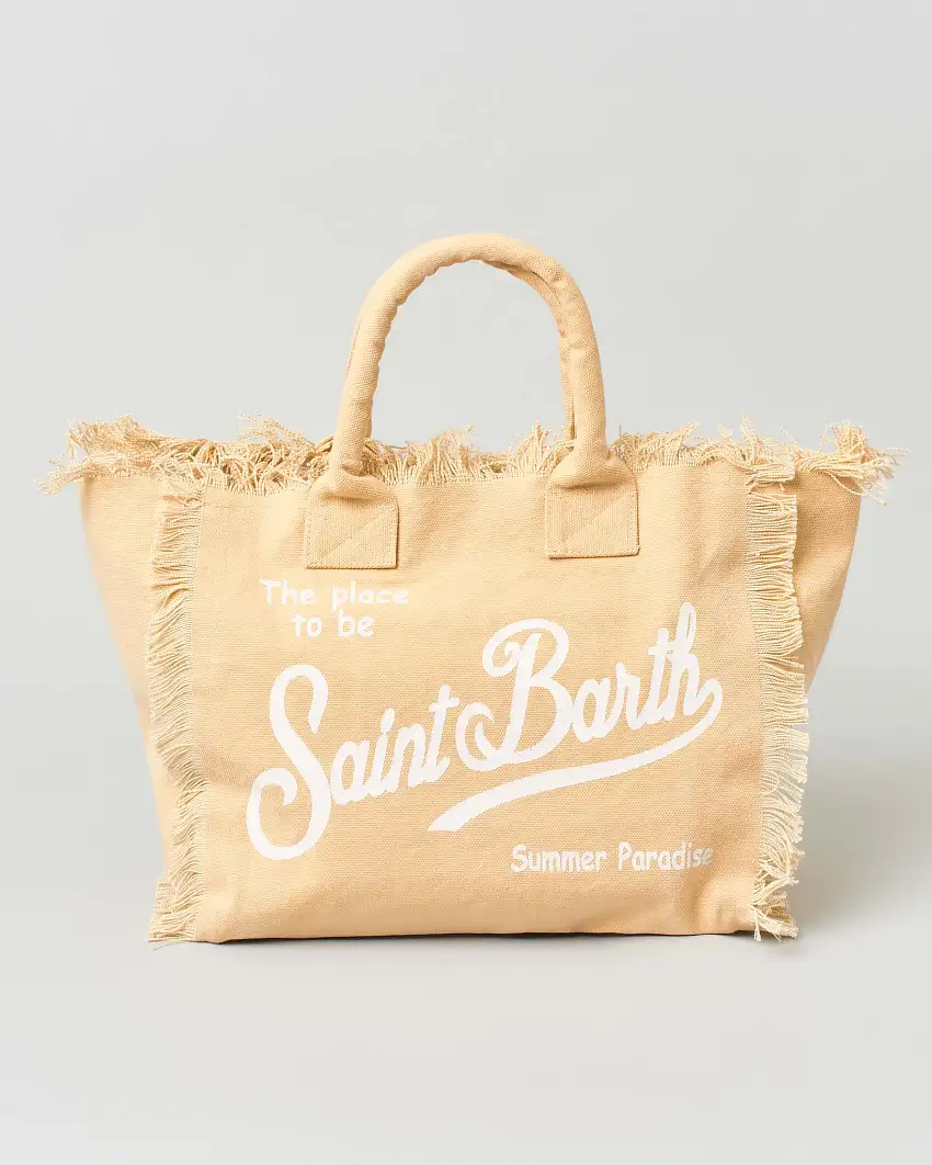 Borsa Vanity MC2 Saint Barth in canvas di cotone beige con scritta logo bianca stampa e frange lungo i profili