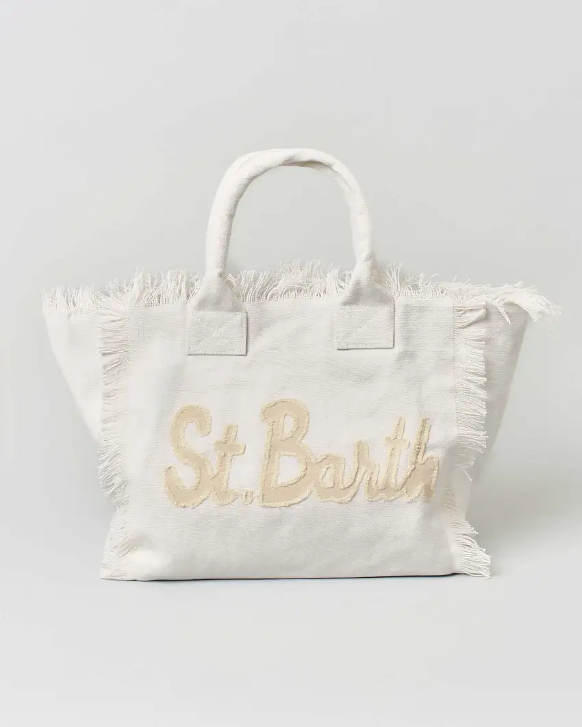 Borsa Vanity MC2 Saint Barth in canvas di cotone bianca con scritta logo cucita in tono e frange ai lati