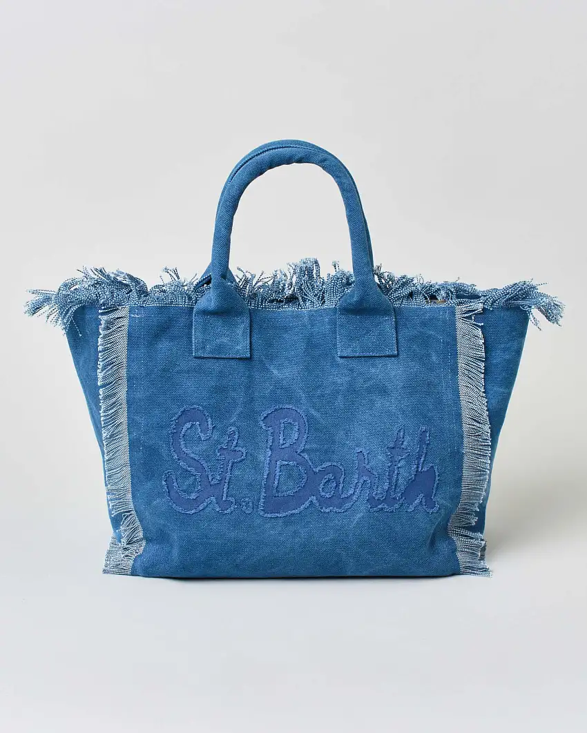 Borsa Vanity MC2 Saint Barth in canvas di cotone blu denim con scritta logo cucita in tono e frange ai lati