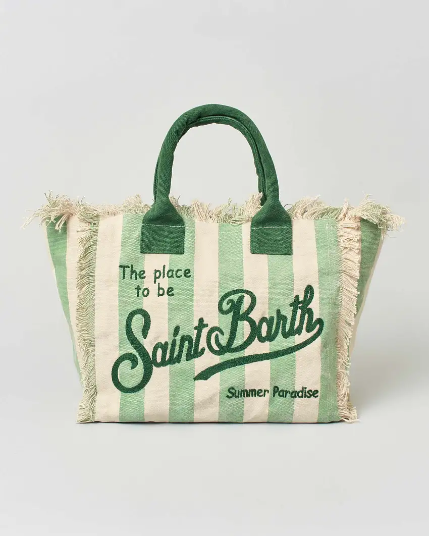 Borsa Vanity MC2 Saint Barth in canvas di cotone a righe verde salvia e bianche con scritta logo ricamata