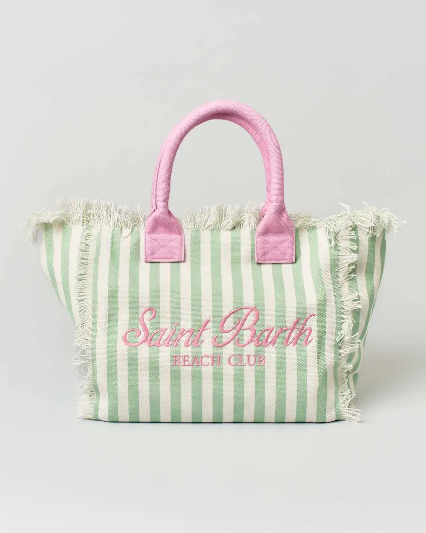 Borsa Vanity Beache MC2 Saint Barth in canvas di cotone a righe strette verdi e bianche con scritta logo ricamata e manici rosa