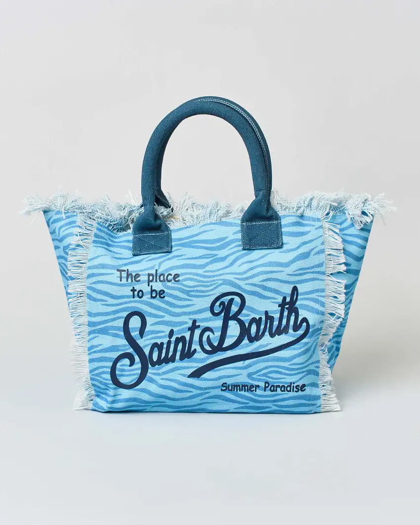 Borsa Vanity MC2 Saint Barth in canvas di cotone a fantasia zebrata azzurra e blu con scritta logo e manici a contrasto