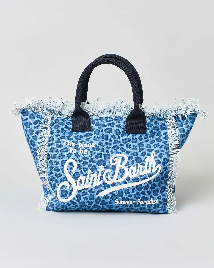 Borsa Vanity MC2 Saint Barth in canvas di cotone a fantasia leopardata azzurra e blu con scritta logo e manici a contrasto