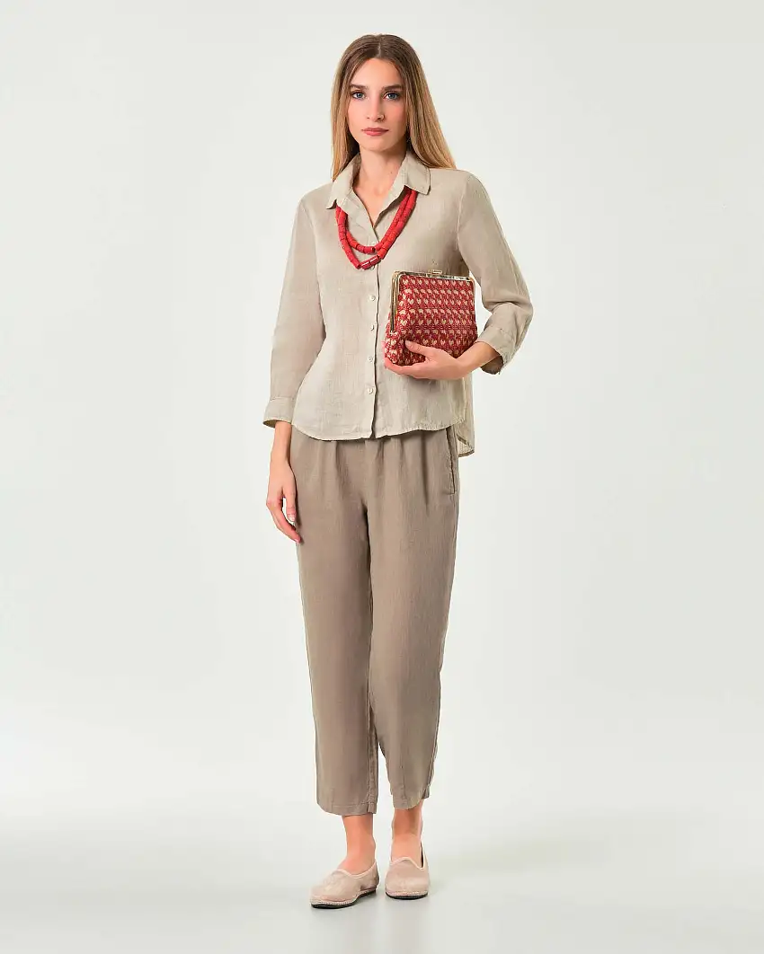 Pantaloni color fango in lino a gamba dritta dal taglio cropped con coulisse interna