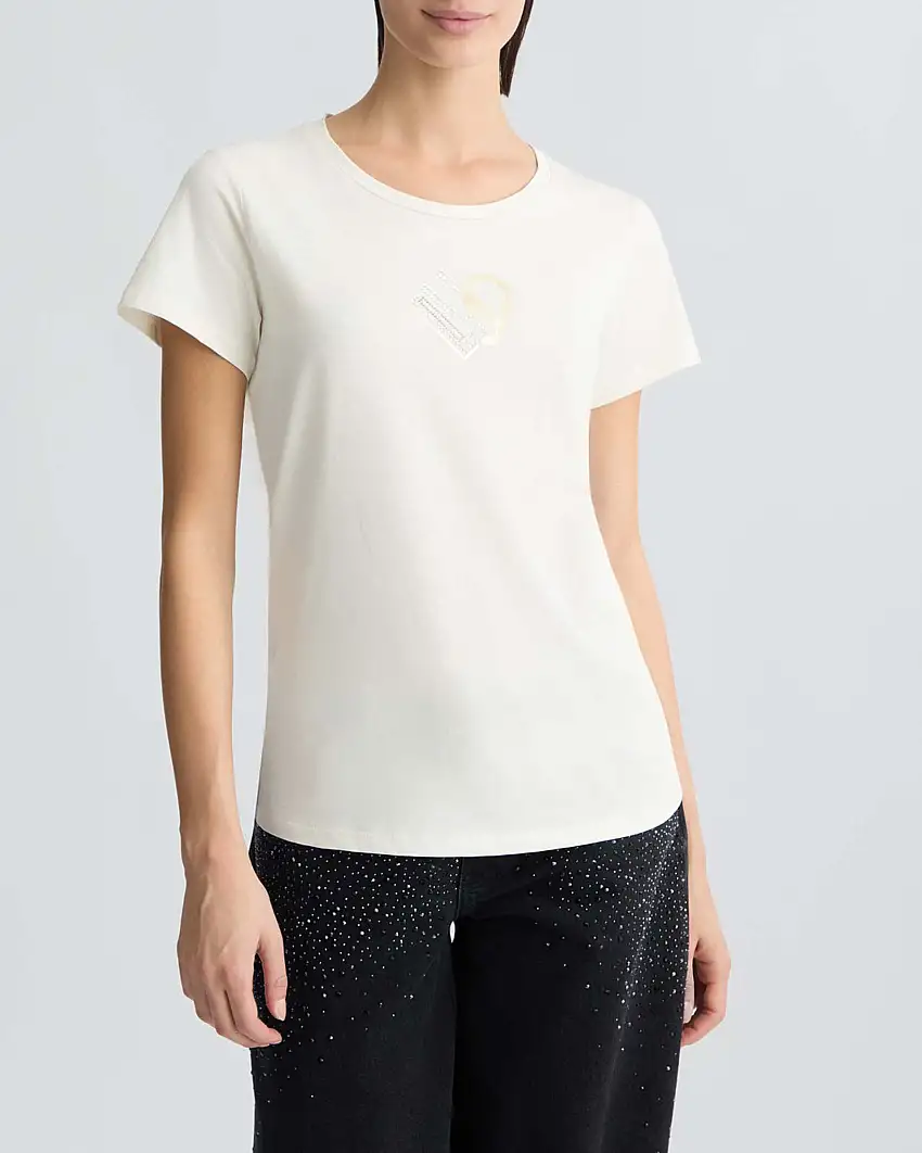 T-shirt bianc Liu Jo in cotone con scritta logo nera gialla in strass e glitter