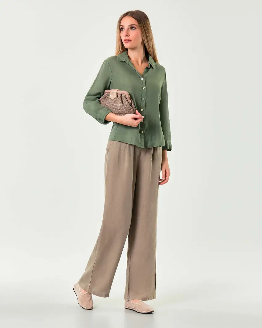 Pantaloni palazzo color fango in lino con elastico inserito in vita