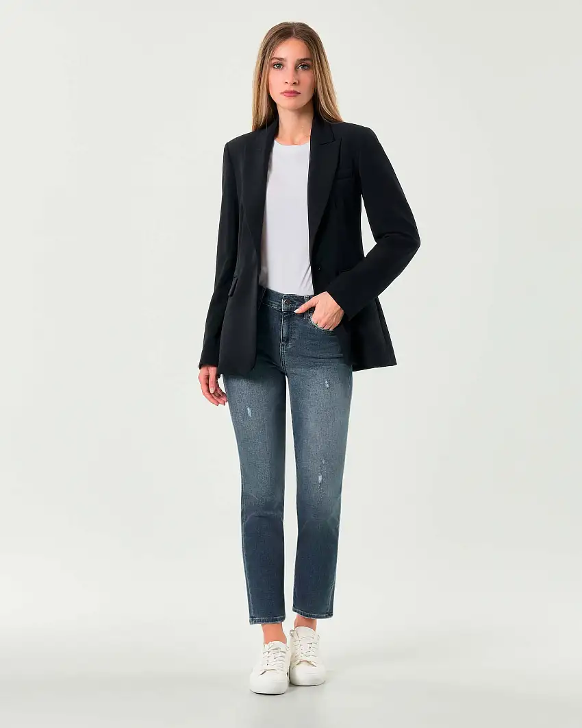 Blazer lungo blu Liu Jo in twill stretch rever a lancia e chiusura monopetto ad un bottone