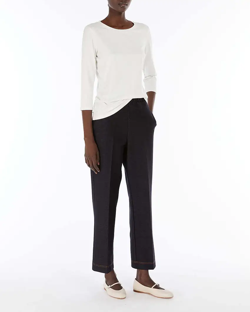 Pantaloni blu MM Max Mara in jersey effetto denim di cotone stretch con elastico in vita