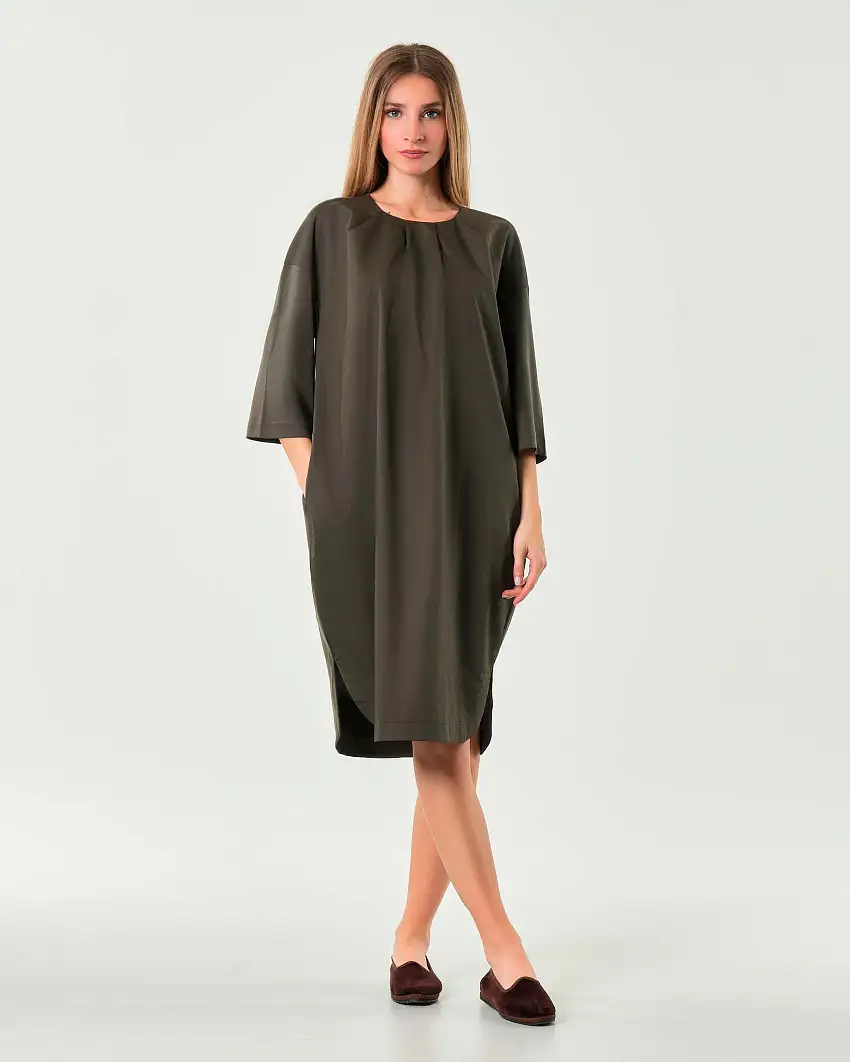 Abito midi color fango in cotone e modal MM Max Mara con maniche tre quarti