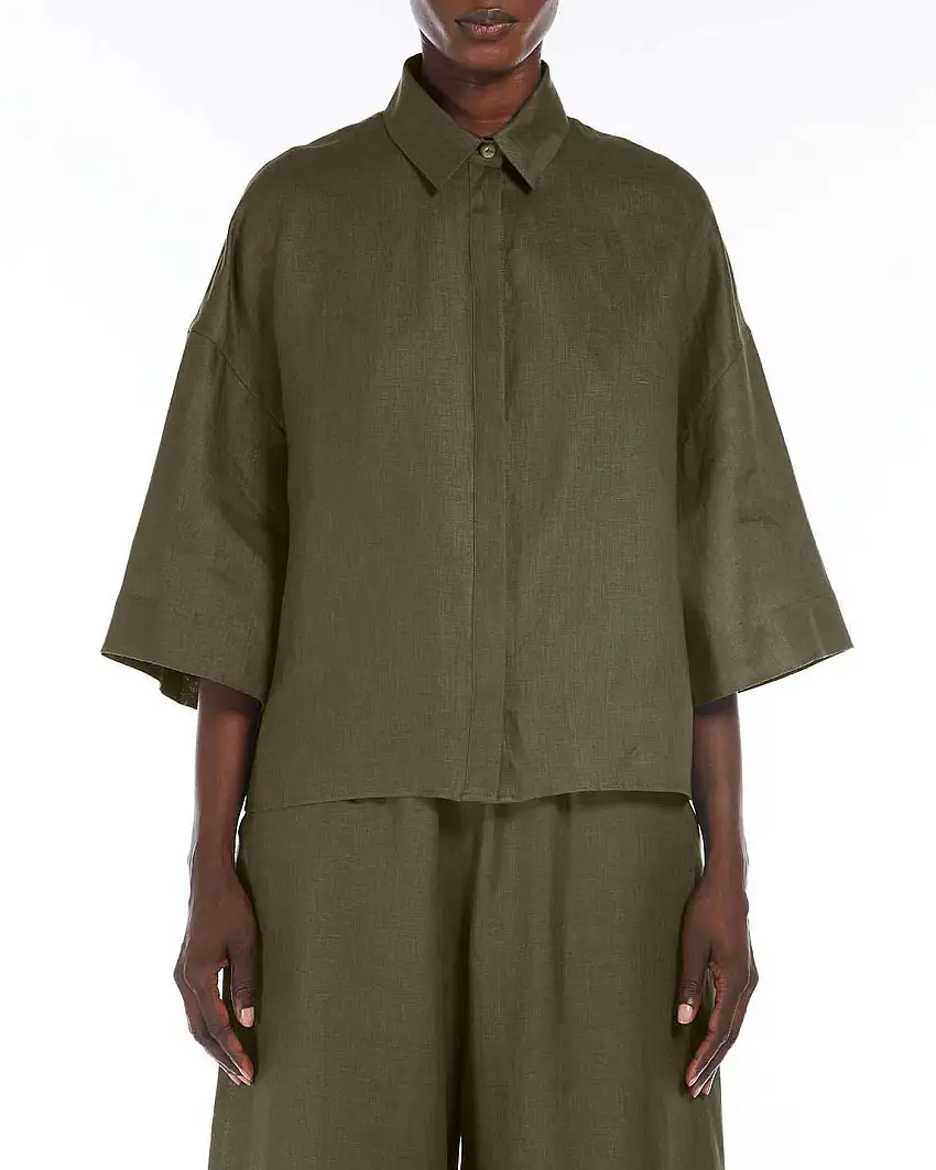 Camicia cropped verde fango MM Max Mara in puro lino con maniche tre quarti